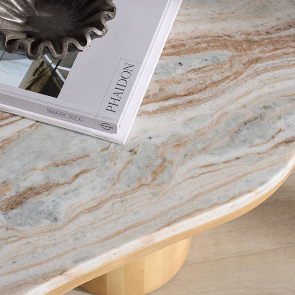 Feliciabeth Marble And Wood Coffee Table — Polished Marble Top With Solid Wood Base For Timeless Style