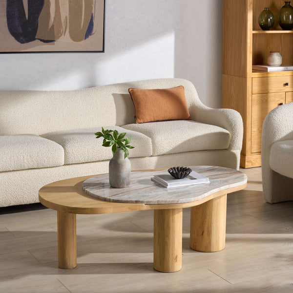 Feliciabeth Marble And Wood Coffee Table — Polished Marble Top With Solid Wood Base For Timeless Style