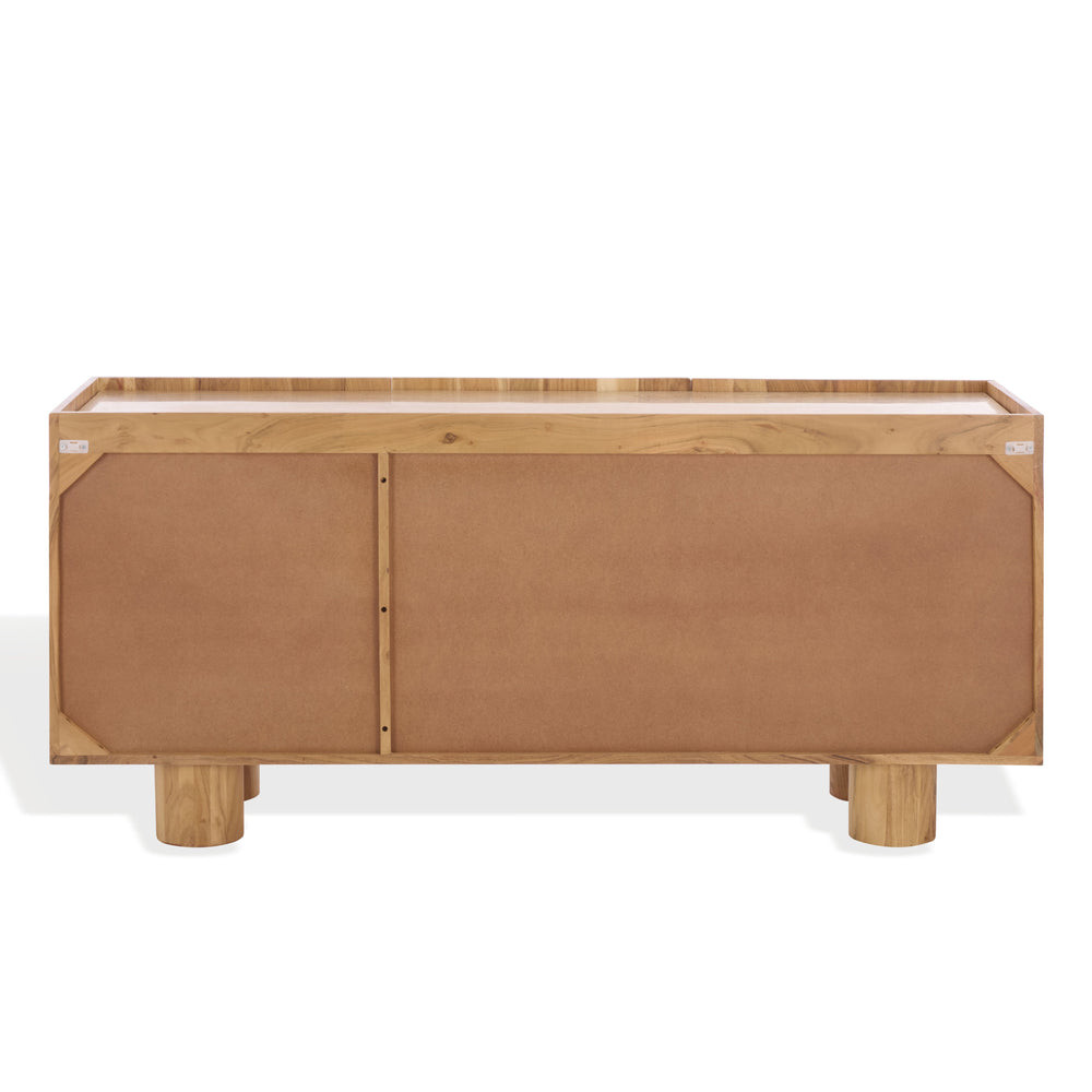 Ashlietta Travertine Top Sideboard With Warm Wood Base, Minimalist Storage Console For Dining Entryway Elegance