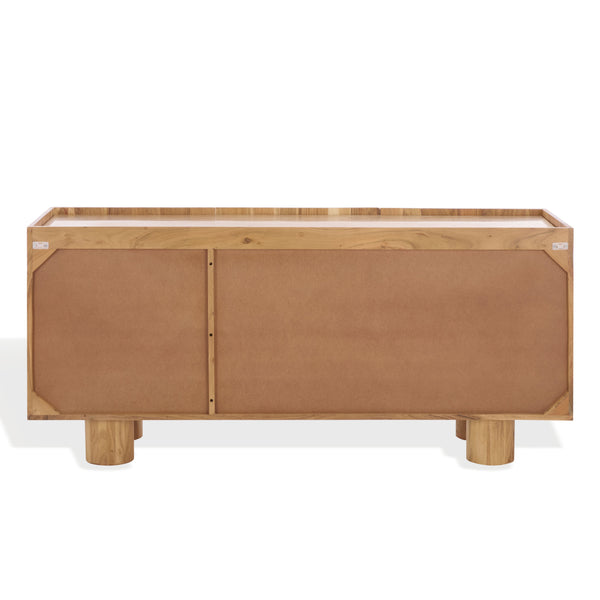 Ashlietta Travertine Top Sideboard With Warm Wood Base, Minimalist Storage Console For Dining Entryway Elegance