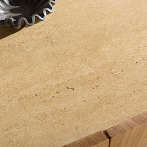 Ashlietta Travertine Top Sideboard With Warm Wood Base, Minimalist Storage Console For Dining Entryway Elegance