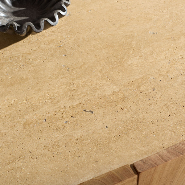 Ashlietta Travertine Top Sideboard With Warm Wood Base, Minimalist Storage Console For Dining Entryway Elegance