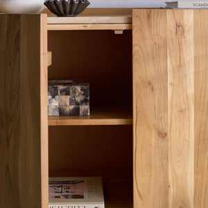 Ashlietta Travertine Top Sideboard With Warm Wood Base, Minimalist Storage Console For Dining Entryway Elegance
