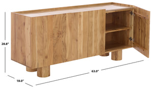 Ashlietta Travertine Top Sideboard With Warm Wood Base, Minimalist Storage Console For Dining Entryway Elegance