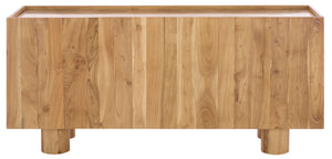 Ashlietta Travertine Top Sideboard With Warm Wood Base, Minimalist Storage Console For Dining Entryway Elegance