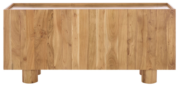 Ashlietta Travertine Top Sideboard With Warm Wood Base, Minimalist Storage Console For Dining Entryway Elegance