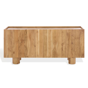 Ashlietta Travertine Top Sideboard With Warm Wood Base, Minimalist Storage Console For Dining Entryway Elegance