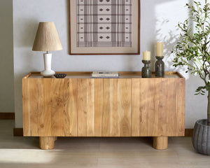Ashlietta Travertine Top Sideboard With Warm Wood Base, Minimalist Storage Console For Dining Entryway Elegance