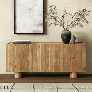 Ashlietta Travertine Top Sideboard With Warm Wood Base, Minimalist Storage Console For Dining Entryway Elegance