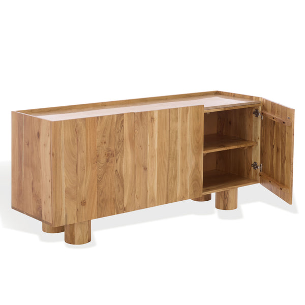 Ashlietta Travertine Top Sideboard With Warm Wood Base, Minimalist Storage Console For Dining Entryway Elegance