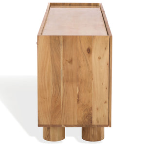 Ashlietta Travertine Top Sideboard With Warm Wood Base, Minimalist Storage Console For Dining Entryway Elegance