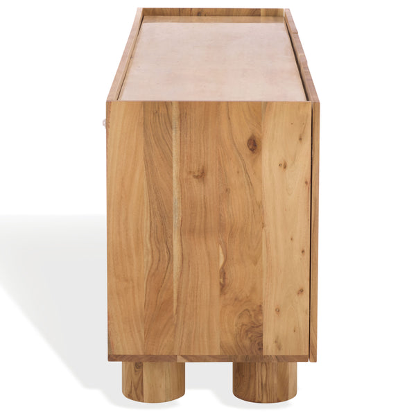 Ashlietta Travertine Top Sideboard With Warm Wood Base, Minimalist Storage Console For Dining Entryway Elegance