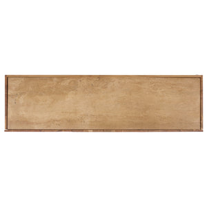 Ashlietta Travertine Top Sideboard With Warm Wood Base, Minimalist Storage Console For Dining Entryway Elegance