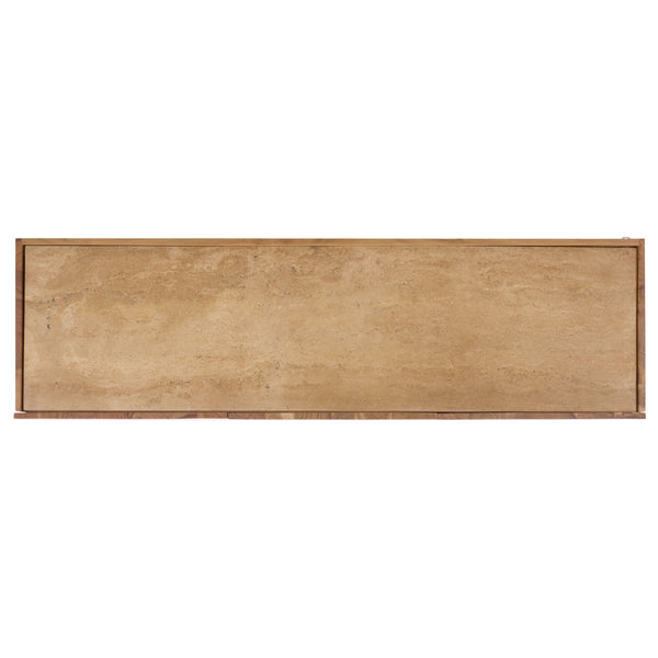 Ashlietta Travertine Top Sideboard With Warm Wood Base, Minimalist Storage Console For Dining Entryway Elegance