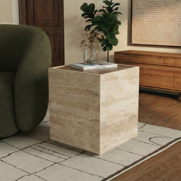 Safavieh Leslianne Natural Travertine Wood Square Side Table Minimalist Living Room Accent SFV5779A