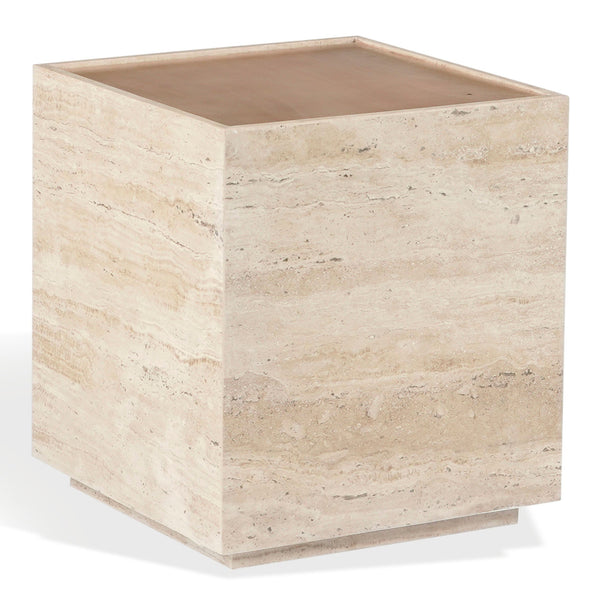 Safavieh Leslianne Natural Travertine Wood Square Side Table Minimalist Living Room Accent SFV5779A