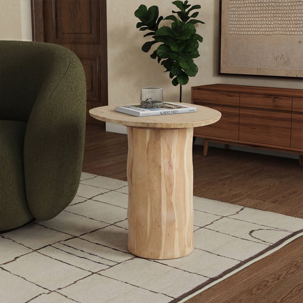 Jennamira Travertine-Top Accent Table With Solid Wood Base, Compact Elegant Side Table For Home (96)