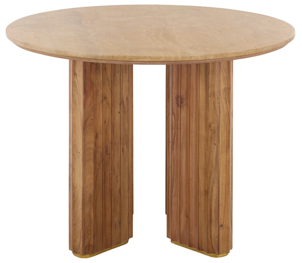 Irine Round Dining Table With Natural Stone Top And Solid Wood Base, Sealed Surface, Seats 4