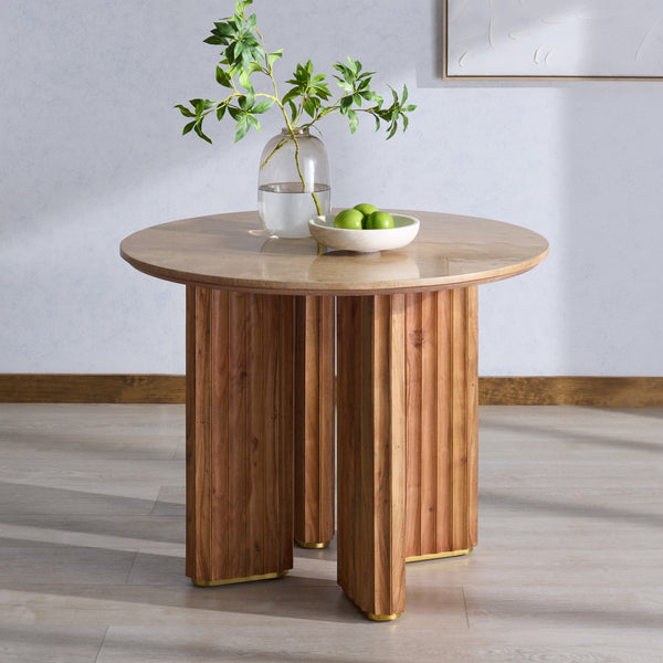 Irine Round Dining Table With Natural Stone Top And Solid Wood Base, Sealed Surface, Seats 4