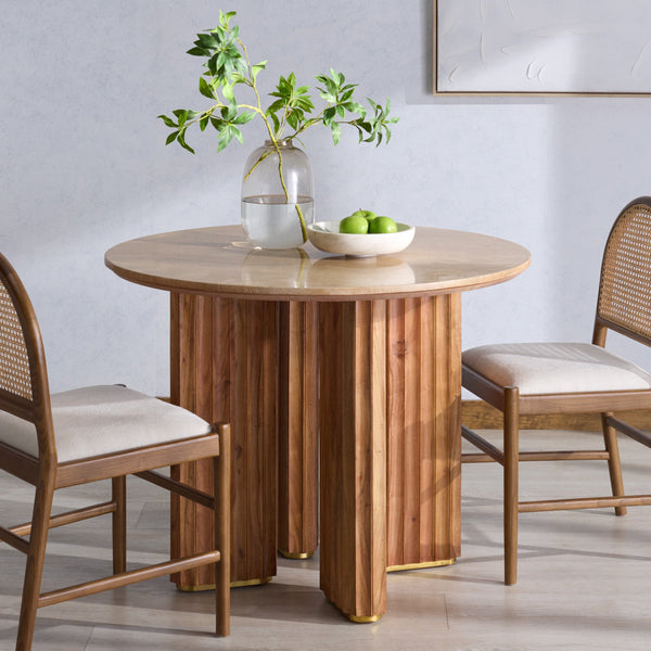 Irine Round Dining Table With Natural Stone Top And Solid Wood Base, Sealed Surface, Seats 4
