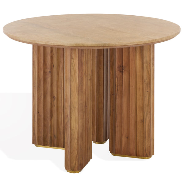 Irine Round Dining Table With Natural Stone Top And Solid Wood Base, Sealed Surface, Seats 4