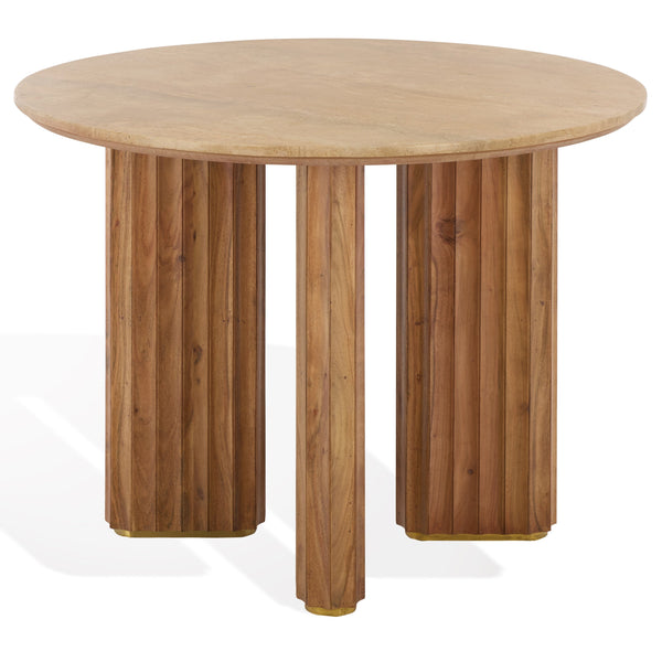 Irine Round Dining Table With Natural Stone Top And Solid Wood Base, Sealed Surface, Seats 4