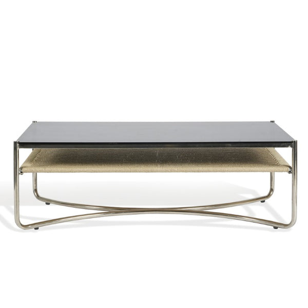 Safavieh Jackiette Tempered Black Glass Coffee Table with Sleek Silver Metal Frame for Modern Living SFV5783A