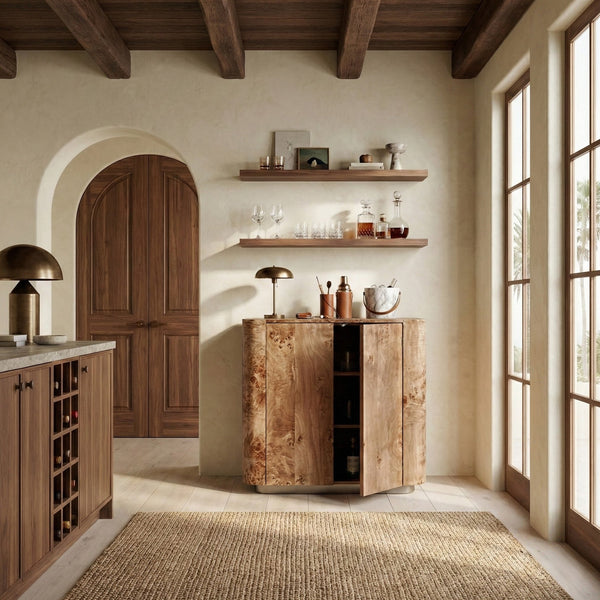 Celestanno Modern Veneer Bar Cabinet With Unique Natural Grain, Metal Accents, Compact Storage Focal Point