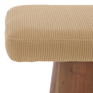 Bennato Mid-Century Wood Base Stool Upholstered In Soft Neutral Fabric Plush Foam Seat For Comfort And Style