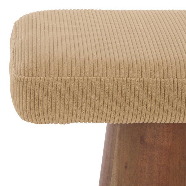 Bennato Mid-Century Wood Base Stool Upholstered In Soft Neutral Fabric Plush Foam Seat For Comfort And Style