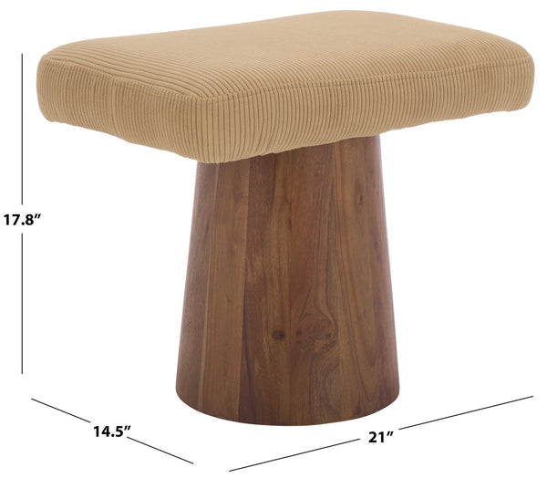 Bennato Mid-Century Wood Base Stool Upholstered In Soft Neutral Fabric Plush Foam Seat For Comfort And Style