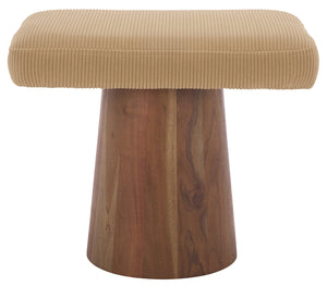 Bennato Mid-Century Wood Base Stool Upholstered In Soft Neutral Fabric Plush Foam Seat For Comfort And Style