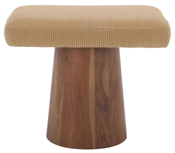 Bennato Mid-Century Wood Base Stool Upholstered In Soft Neutral Fabric Plush Foam Seat For Comfort And Style