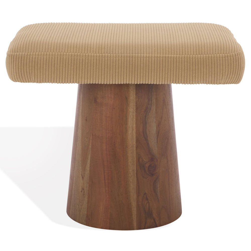 Bennato Mid-Century Wood Base Stool Upholstered In Soft Neutral Fabric Plush Foam Seat For Comfort And Style