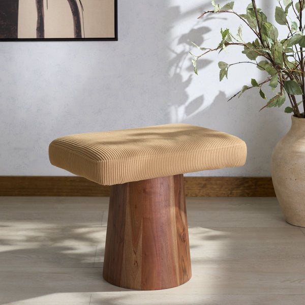 Bennato Mid-Century Wood Base Stool Upholstered In Soft Neutral Fabric Plush Foam Seat For Comfort And Style