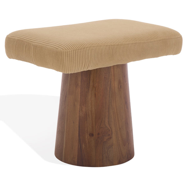 Bennato Mid-Century Wood Base Stool Upholstered In Soft Neutral Fabric Plush Foam Seat For Comfort And Style
