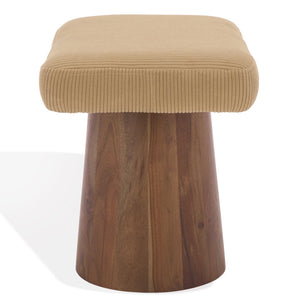 Bennato Mid-Century Wood Base Stool Upholstered In Soft Neutral Fabric Plush Foam Seat For Comfort And Style