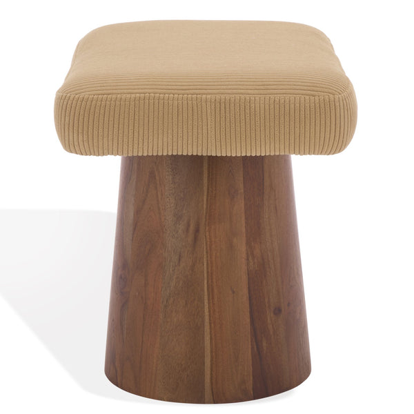 Bennato Mid-Century Wood Base Stool Upholstered In Soft Neutral Fabric Plush Foam Seat For Comfort And Style