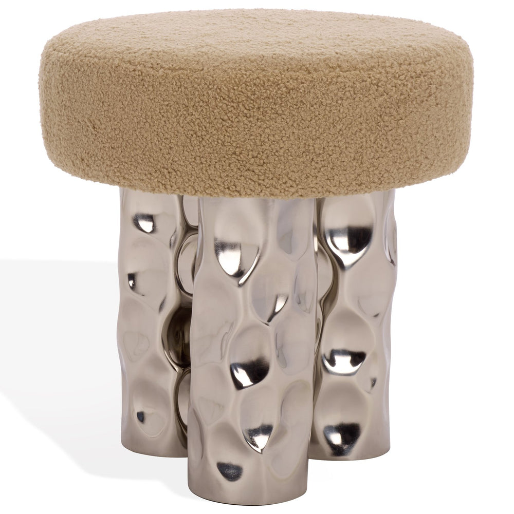 Safavieh Aubrie Teddy Fabric Ottoman - Elegant Beige & Silver Design For Stylish Living Room Comfort Beige ,Silver Wood ,Metal ,Fabric ,Foam Sfv5798a