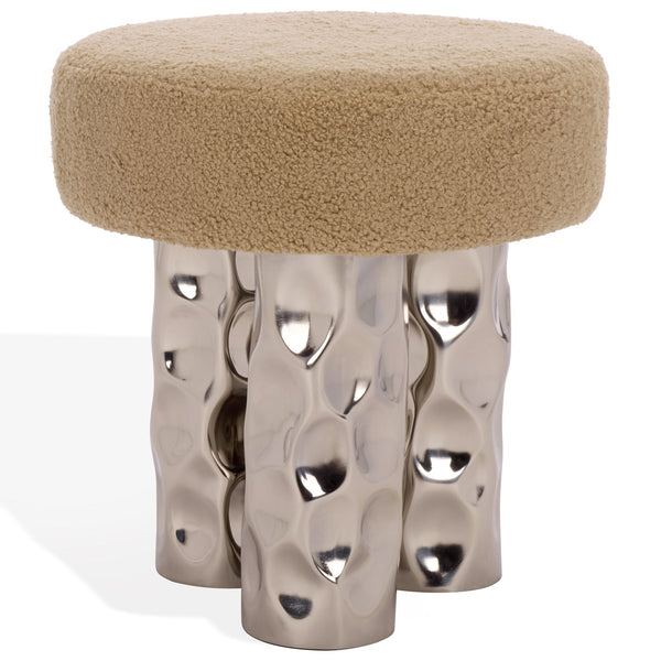 Safavieh Aubrie Teddy Fabric Ottoman - Elegant Beige & Silver Design For Stylish Living Room Comfort Beige ,Silver Wood ,Metal ,Fabric ,Foam Sfv5798a