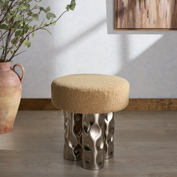 Safavieh Aubrie Teddy Fabric Ottoman - Elegant Beige & Silver Design For Stylish Living Room Comfort Beige ,Silver Wood ,Metal ,Fabric ,Foam Sfv5798a