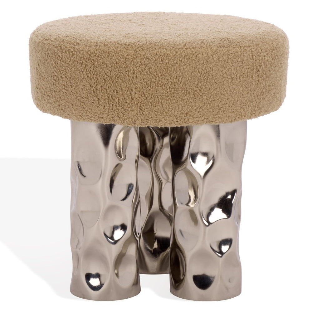 Safavieh AUBRIE Teddy Fabric Ottoman - Beige & Silver Accent for Cozy Living Room or Bedroom Décor Solutions SFV5798A