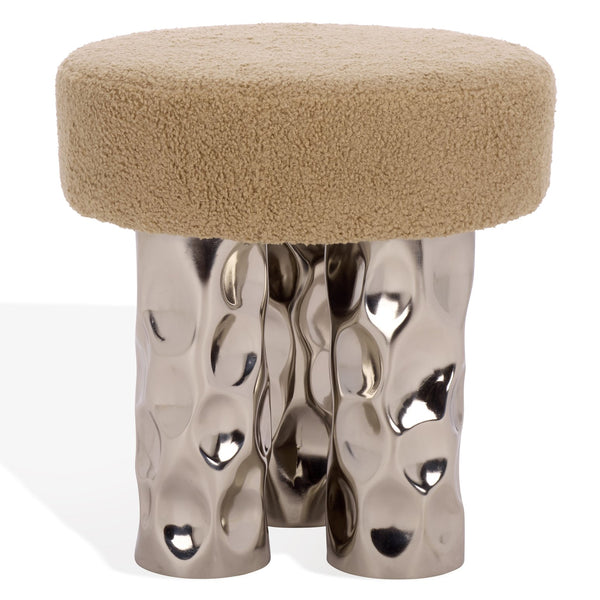 Safavieh Aubrie Teddy Fabric Ottoman - Elegant Beige & Silver Design For Stylish Living Room Comfort Beige ,Silver Wood ,Metal ,Fabric ,Foam Sfv5798a