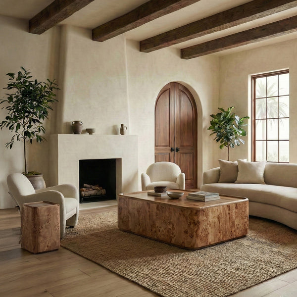 Torryn Burl Veneer Coffee Table With Sculptural Grain, Low-Profile Rectangular Design For Living Rooms