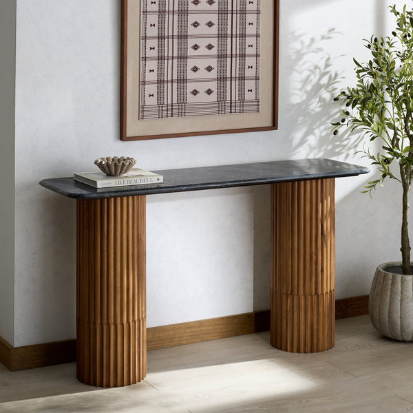 Safavieh Treyshawn Marble Top Console Table – Elegant Walnut Finish With Sleek Black Frame For Modern Homes Walnut ,Black Wood ,Marble Sfv6411b-2bx