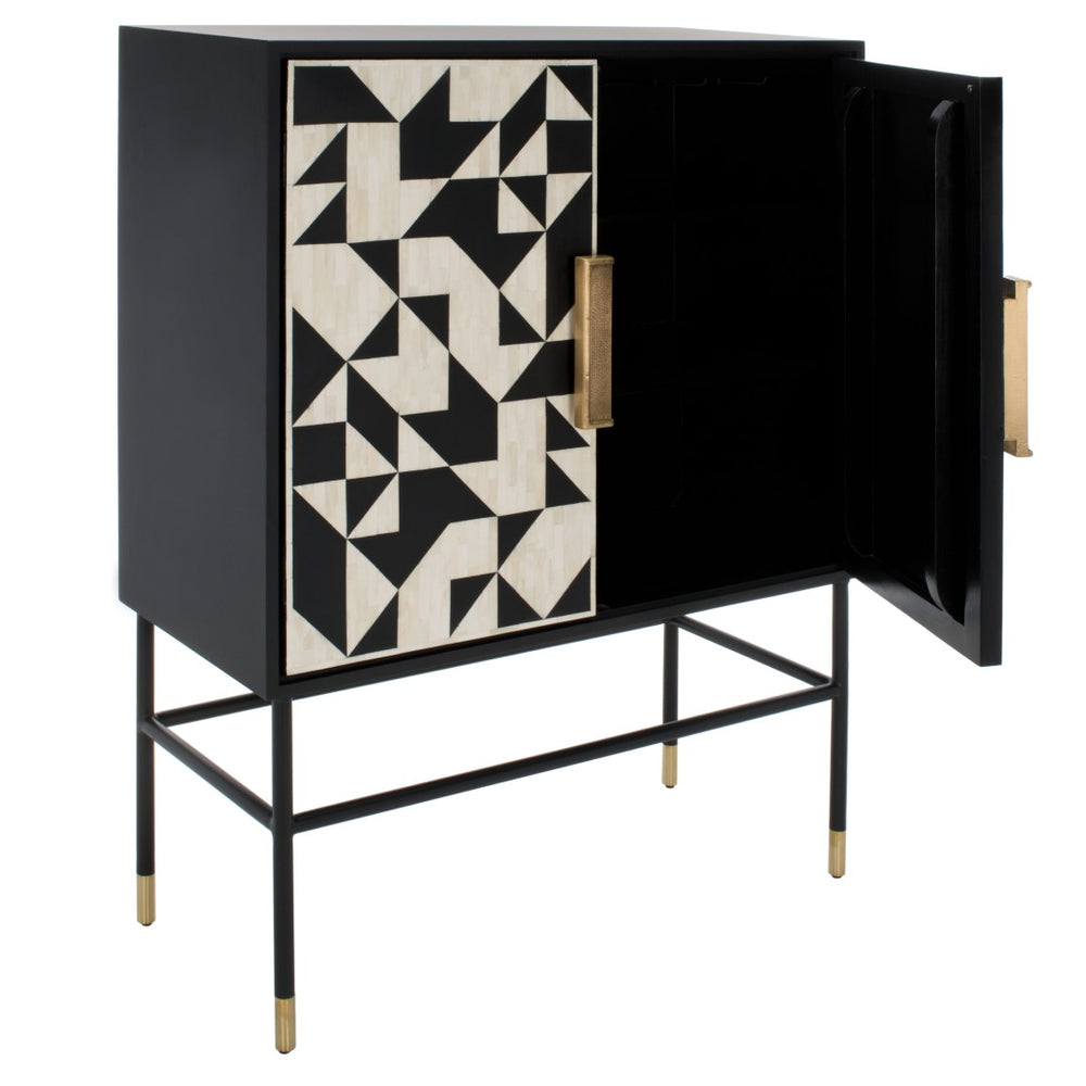 Safavieh KIMORI 3-Shelf Bar Cabinet - Handmade Black & White Design with Gold Accents for Chic Storage SFV6611A