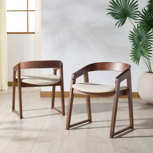 Safavieh HILDABRYNA Curved Back Dining Chair - Elegant Wood Design, Comfortable Upholstered Seat for Modern Spaces Walnut / Beige SFV6702A-SET2