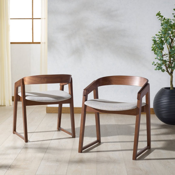 Safavieh HILDABRYNA Curved Back Dining Chair - Elegant Wood Design, Comfortable Upholstered Seat for Modern Spaces Walnut / Light Grey SFV6702B-SET2