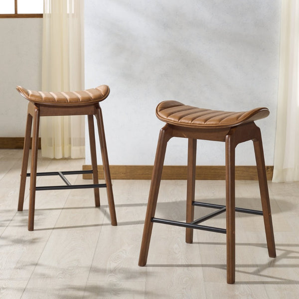 Safavieh ELLINE Modern Eco-Conscious Counter Stool with Vegan Leather and Wood Design for Stylish Interiors Walnut / Brown SFV6714A-SET2