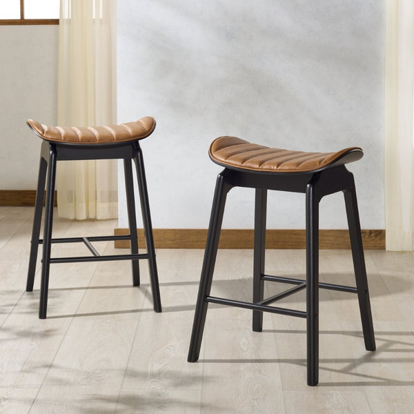 Safavieh ELLINE Modern Eco-Conscious Counter Stool with Vegan Leather and Wood Design for Stylish Interiors Black / Brown SFV6714B-SET2